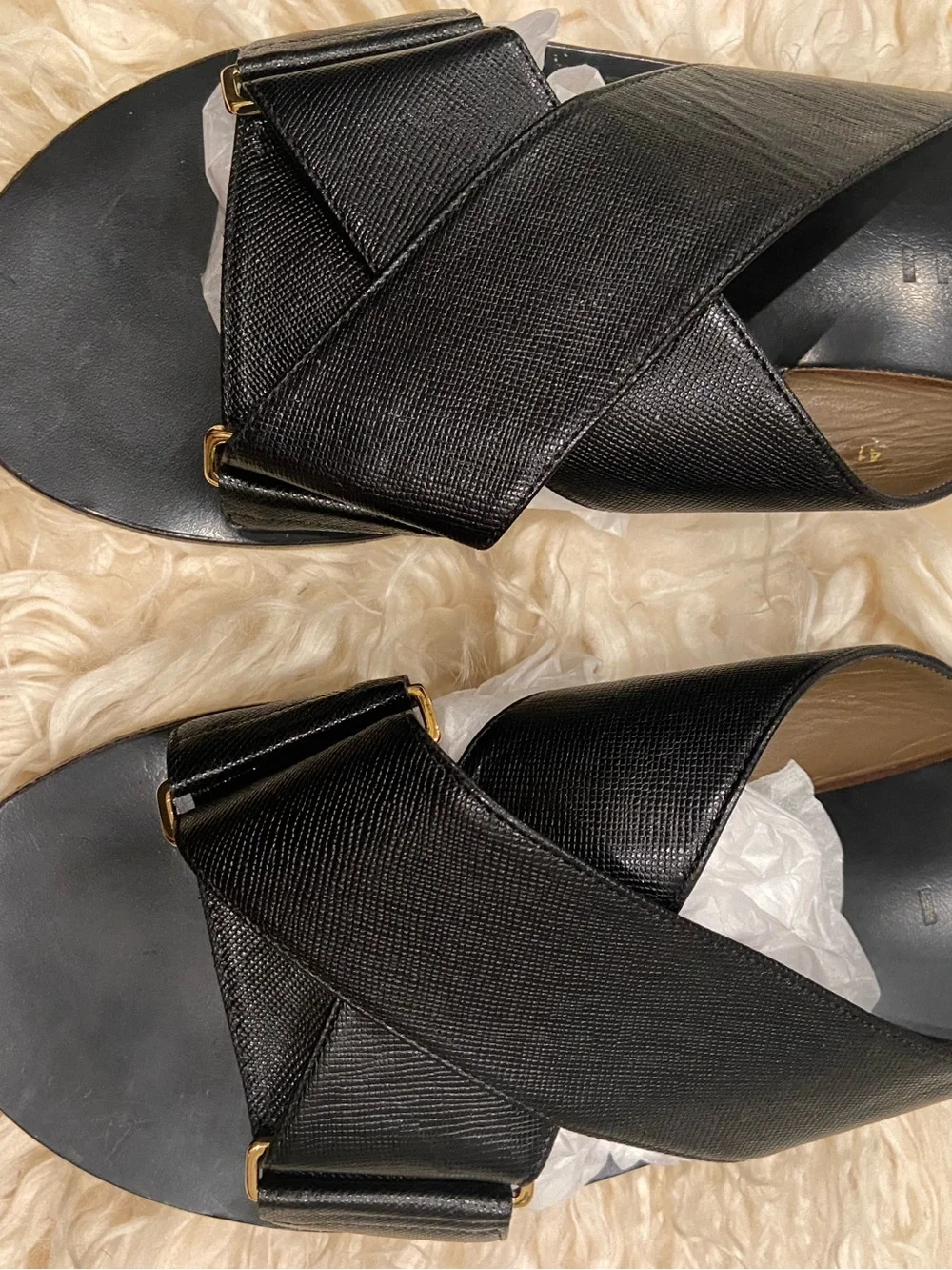 Marni Black Cross-Strap Slide Sandals with Gold Accents 41